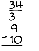 What is 34/3 - 9/10?