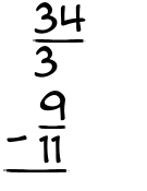 What is 34/3 - 9/11?