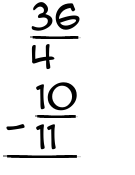 What is 36/4 - 10/11?