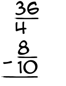 What is 36/4 - 8/10?