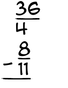 What is 36/4 - 8/11?