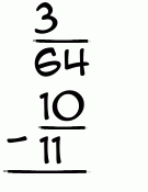 What is 3/64 - 10/11?