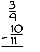 What is 3/9 - 10/11?