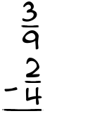 What is 3/9 - 2/4?