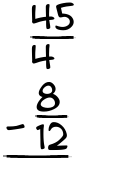 What is 45/4 - 8/12?