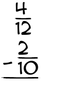 What is 4/12 - 2/10?