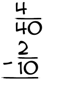 What is 4/40 - 2/10?