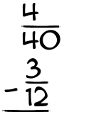 What is 4/40 - 3/12?