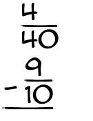 What is 4/40 - 9/10?