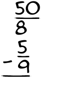 What is 50/8 - 5/9?