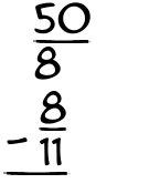 What is 50/8 - 8/11?