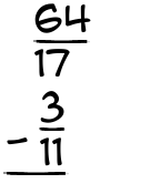 What is 64/17 - 3/11?