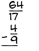 What is 64/17 - 4/9?