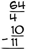 What is 64/4 - 10/11?
