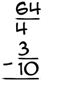 What is 64/4 - 3/10?