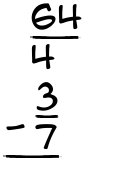 What is 64/4 - 3/7?