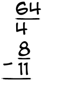 What is 64/4 - 8/11?