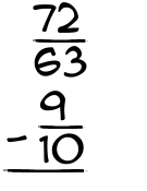 What is 72/63 - 9/10?