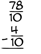 What is 78/10 - 4/10?