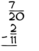 What is 7/20 - 2/11?