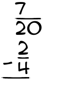 What is 7/20 - 2/4?