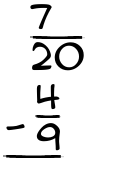 What is 7/20 - 4/9?