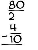 What is 80/2 - 4/10?