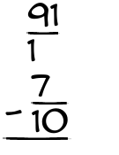 What is 91/1 - 7/10?
