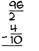 What is 96/2 - 4/10?