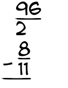 What is 96/2 - 8/11?
