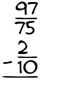 What is 97/75 - 2/10?