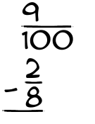 What is 9/100 - 2/8?