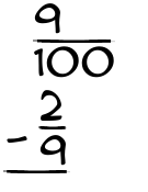 What is 9/100 - 2/9?