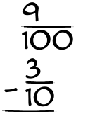 What is 9/100 - 3/10?