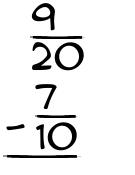 What is 9/20 - 7/10?