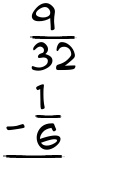 What is 9/32 - 1/6?