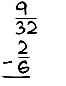 What is 9/32 - 2/6?