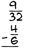 What is 9/32 - 4/6?