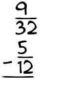 What is 9/32 - 5/12?