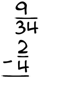 What is 9/34 - 2/4?