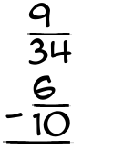 What is 9/34 - 6/10?