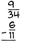 What is 9/34 - 6/11?