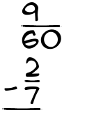 What is 9/60 - 2/7?