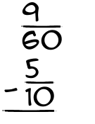 What is 9/60 - 5/10?